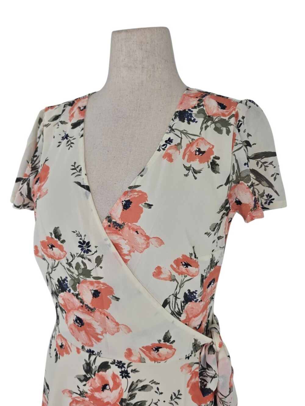 Abercrombie & Fitch Floral Wrap Mini Dress L Cream Coral Fit & Flare - Picture 3 of 11